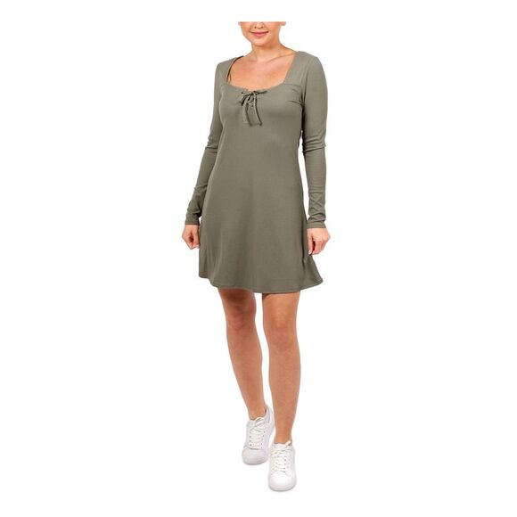 HIPPIE ROSE Dresses & Skirts - HIPPIE ROSE Womens Tie Front Long Sleeve Square Neck Short Fit + Flare Dress